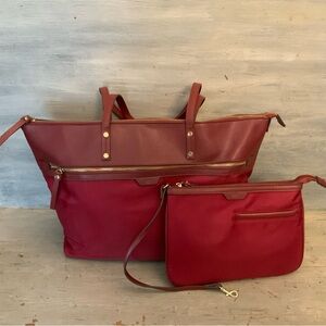 Tutilo New York Burgundy Faux Leather Nylon Briefcase Laptop Bag Tote w/Wristlet